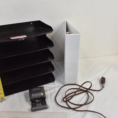 4 pc Office lot: file organizer, Energizer battery recharger, extension cord