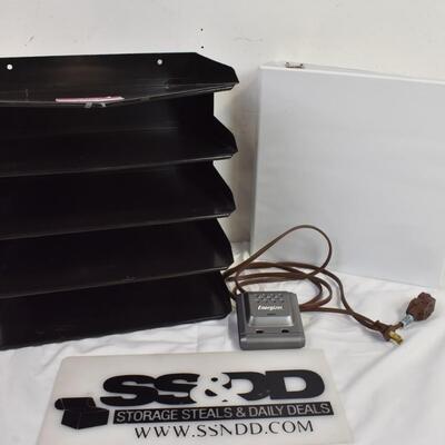 4 pc Office lot: file organizer, Energizer battery recharger, extension cord