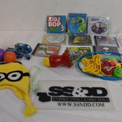Kid Entertainment Lot: 9 CD Music Tracks, Toys, Minion Movie Hat, Basket