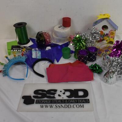 Party Supplies: Balloon Weights, Ribbon Hats, Envelope Bird House, Star Cut Outs