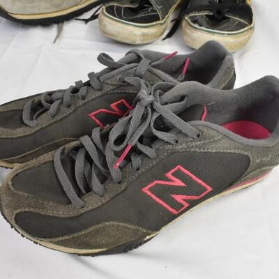 4 Pairs of Shoes: 7.5 Vans, Pink New Bounce (7.5), Tactical Boots (7.5) Brooks
