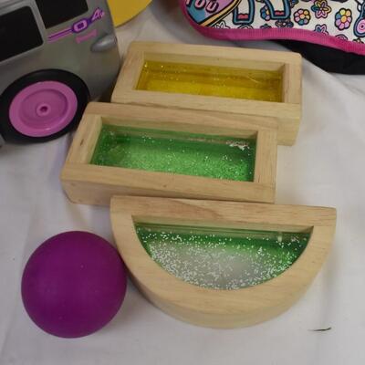 15 Item Kid Toy Lot: Disco Ball, Slinky, Wood Blocks, Squish Ball, Purse