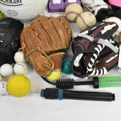 General Sports Lot: Volleyball, Baseballs/Softballs, Mitts, Pads, Pump and More!