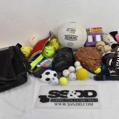 General Sports Lot: Volleyball, Baseballs/Softballs, Mitts, Pads, Pump and More!