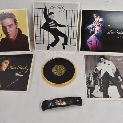 5 Elvis Presley Postcards, 1 Gold Elvis Presley Coaster, Pocket Knife