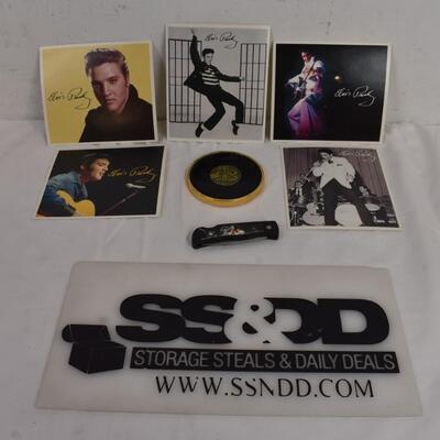5 Elvis Presley Postcards, 1 Gold Elvis Presley Coaster, Pocket Knife