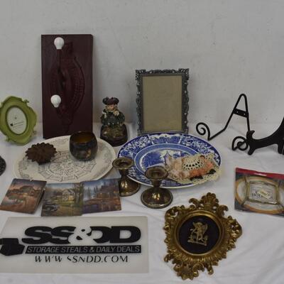 19 pc Home Goods: Coat Hanger, Picture Frames, Coasters, Plates, etc
