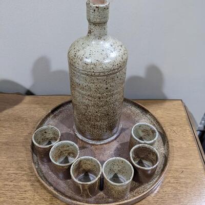 Pottery Bottle / Tray and 6 Shot Size Cups