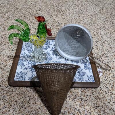 Vintage Sieves and Glass Rooster