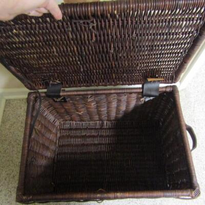 Woven Wicker Storage Trunk with Leather Handles and Accents- Approx 24