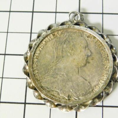 1780 Austria Maria Theresa Thaler Silver Coin Set in Sterling Pendant Frame .833 Silver Ounce Content