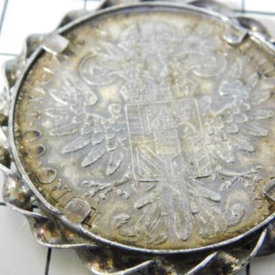 1780 Austria Maria Theresa Thaler Silver Coin Set in Sterling Pendant Frame .833 Silver Ounce Content