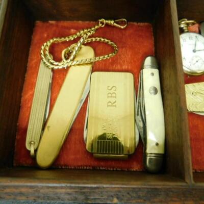 Great Collection of Gentleman's Personalized Pocket Ware includes Waltham Pocket Watch and Stylized Wood Box