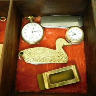 Great Collection of Gentleman's Personalized Pocket Ware includes Waltham Pocket Watch and Stylized Wood Box