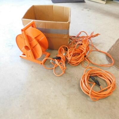 Collection of Outdoor Grade Extension Cords Various Lengths and Cord Reel