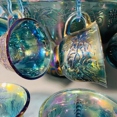 Indiana blue carnival glass punch set