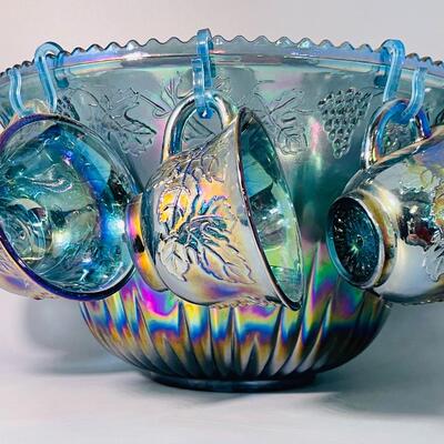 Indiana blue carnival glass punch set