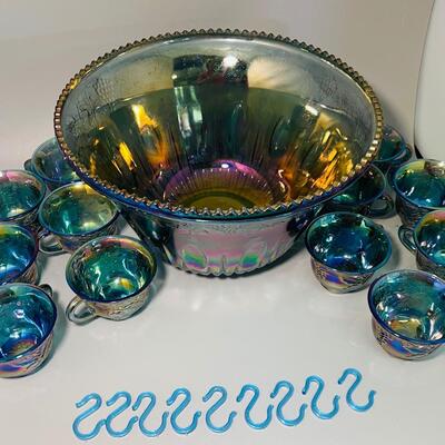 Indiana blue carnival glass punch set