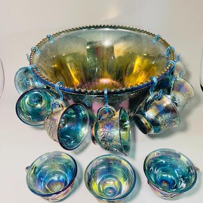 Indiana blue carnival glass punch set