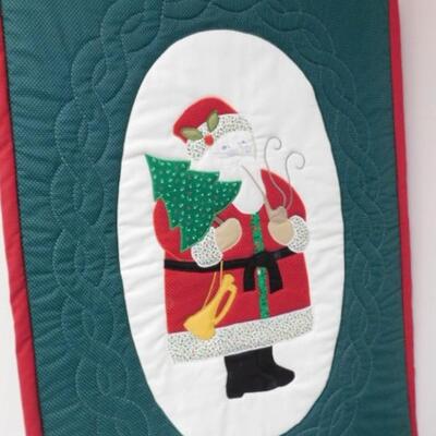 Framed Needlework Santa and Quilted Holiday Wall Panel Decor