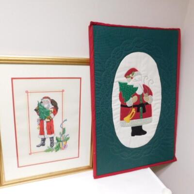 Framed Needlework Santa and Quilted Holiday Wall Panel Decor