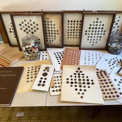 Lot 9 Antique Button Collection 6 Framed 11 Unframed Books & Unsorted