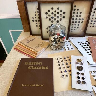 Lot 9 Antique Button Collection 6 Framed 11 Unframed Books & Unsorted
