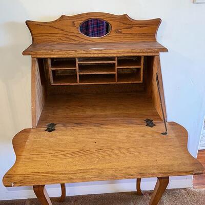 Lot 10 Small Oak Secretary Desk Drop Front 1 Drawer Small Oval Mirror