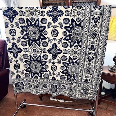 Lot 11 Early American Woven Coverlet Blue White 80x82