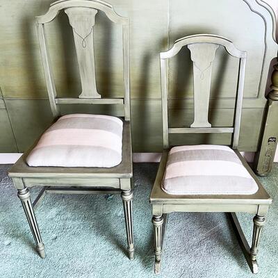 Lot 14 Antique Green King Size Bedroom Set Headboard, 2 Chairs & Night Stand 4 pc
