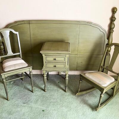 Lot 14 Antique Green King Size Bedroom Set Headboard, 2 Chairs & Night Stand 4 pc