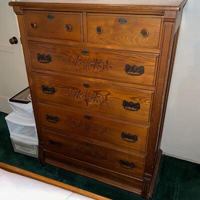 Lot 15 Antique Oak Dresser Eastlake Design 6 Drawers Metal Handles