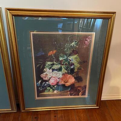 Lot 21 Pair Framed Floral Prints Under Glass Gold Frame