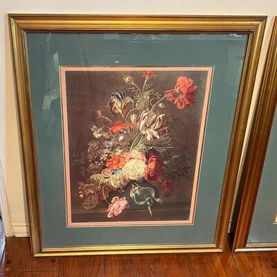 Lot 21 Pair Framed Floral Prints Under Glass Gold Frame