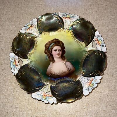 Lot 22 Hand Painted Plate Victorian Lady Flowers Big Hair 10.5"