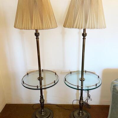 Lot 23 Pair Stiffel Brass Floor Lamps Glass Shelf 3 Way Socket