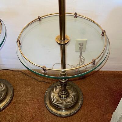 Lot 23 Pair Stiffel Brass Floor Lamps Glass Shelf 3 Way Socket