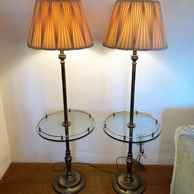 Lot 23 Pair Stiffel Brass Floor Lamps Glass Shelf 3 Way Socket