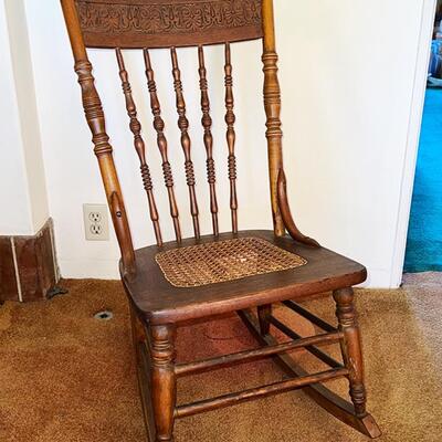 Lot 26 Antique Oak Rocking Chair Spindle Back Cane Seat