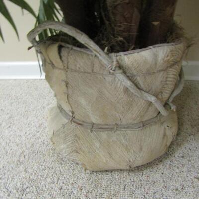 Unique Pot Made of Wood and Palm Husk with Artificial Tropical Plant