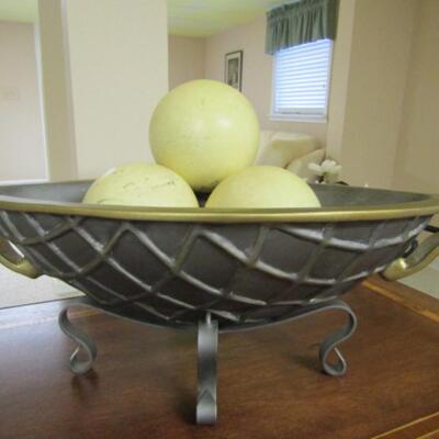 Decorative Ceramic Bowl/Centerpiece on Metal Stand with Orbs