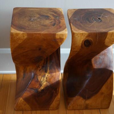 PAIR OF NATURAL WOOD FERN STANDS OR END TABLES.