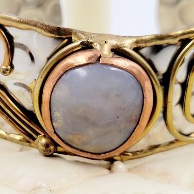 SILVER TONED - BRASS & COPPER CUFF BRACELET W/ MOON STONE