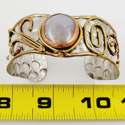 SILVER TONED - BRASS & COPPER CUFF BRACELET W/ MOON STONE