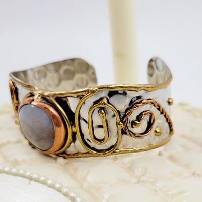 SILVER TONED - BRASS & COPPER CUFF BRACELET W/ MOON STONE