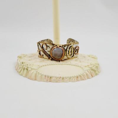 SILVER TONED - BRASS & COPPER CUFF BRACELET W/ MOON STONE