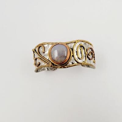 SILVER TONED - BRASS & COPPER CUFF BRACELET W/ MOON STONE