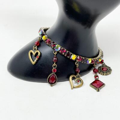 COLORFUL RHINESTONE BRACELET W/ RED & GOLD CHARMS