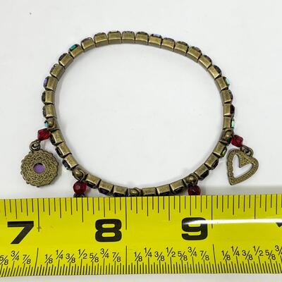 COLORFUL RHINESTONE BRACELET W/ RED & GOLD CHARMS