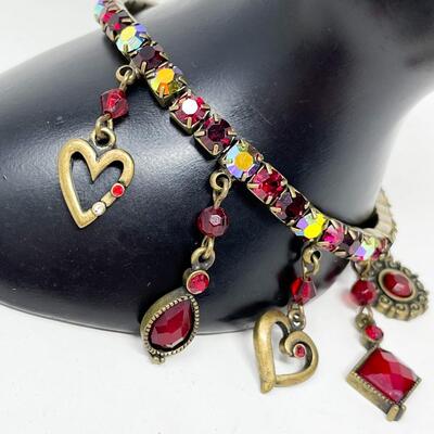 COLORFUL RHINESTONE BRACELET W/ RED & GOLD CHARMS